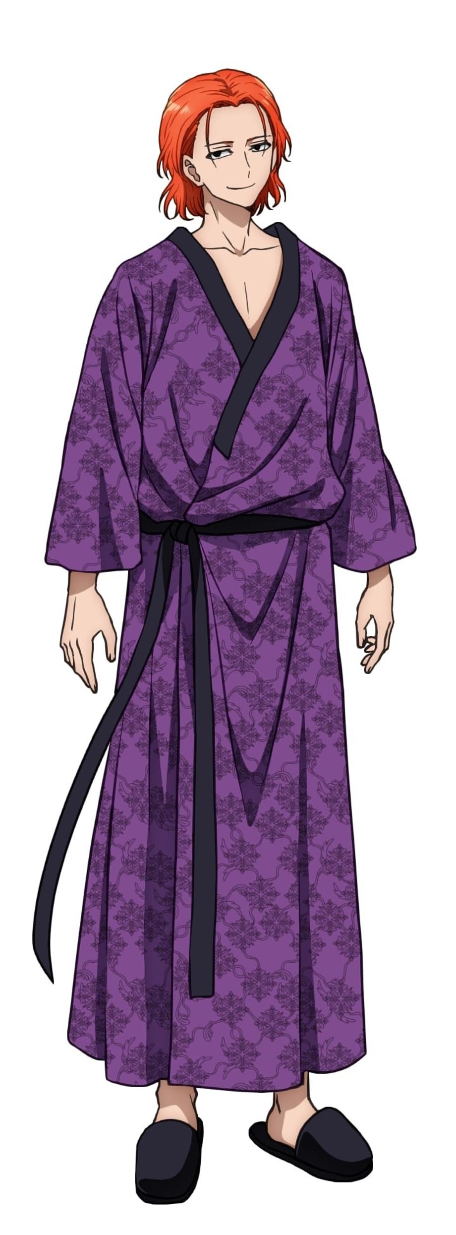 A character visual of Kaibara - a dissolute-looking, slender redhaired young man in a purple pajama robe and slippers - from the upcoming No Longer Allowed in Another World TV anime.