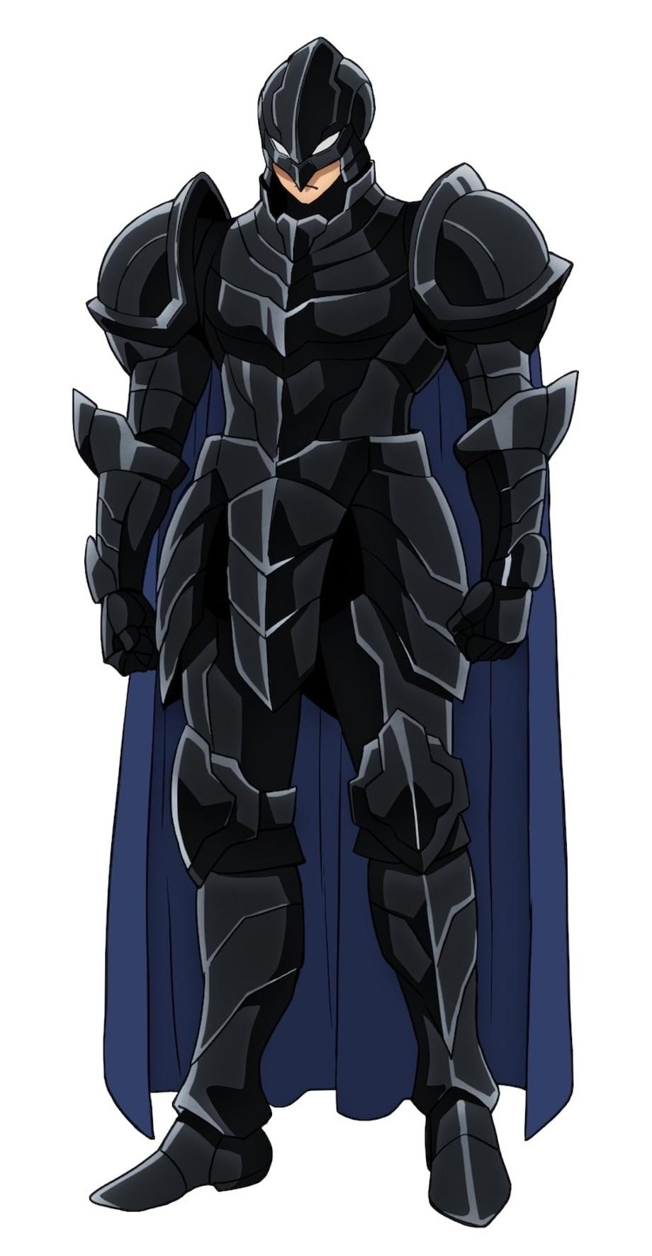 A character visual of Sengoku, an human man covered entirely in black plate armor, from the upcoming No Longer Allowed in Another World TV anime.