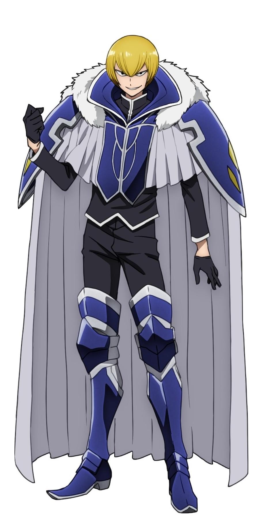 A character visual of Suzuki - a sinister-looking, slender young man with blonde hair and a bowl cut who wears armored shoulder pads, a long gray cloak, and armored greeves and boots - from the upcoming No Longer Allowed in Another World TV anime.