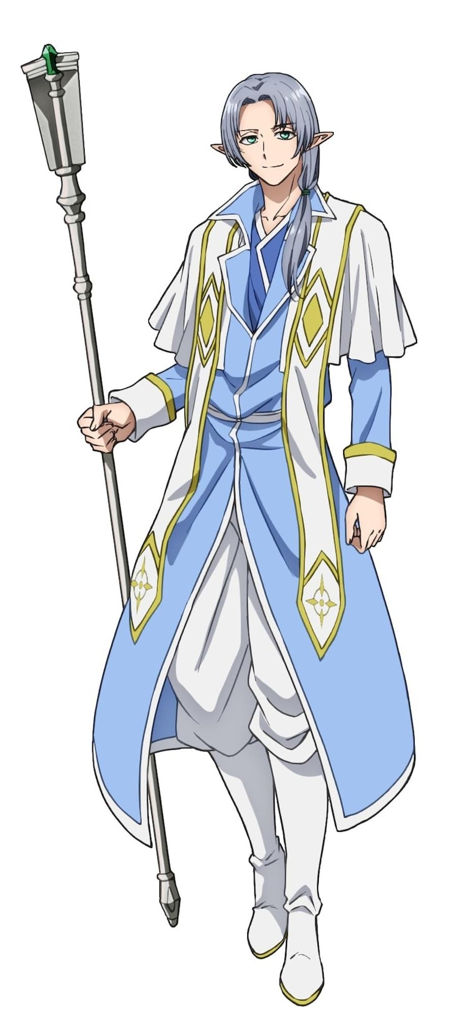 A character visual of Wollf - an elven man with silver hair and green eyes who dresses in the white robes of a cleric and carries a flanged staff - from the upcoming No Longer Allowed in Another World TV anime.