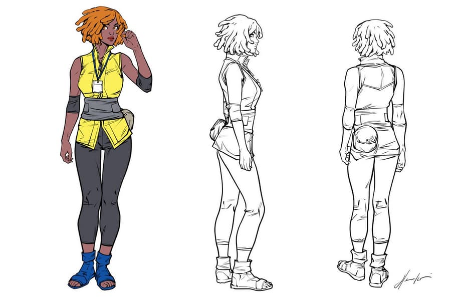 April O'Neil's Hidden Leaf Village design sheet as provided by Hendry Prasetya for Teenage Mutant Ninja Turtles x Naruto (2024), IDW